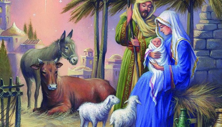 Weihnachten Szene Tiere Esel, Ochse, Schaf
